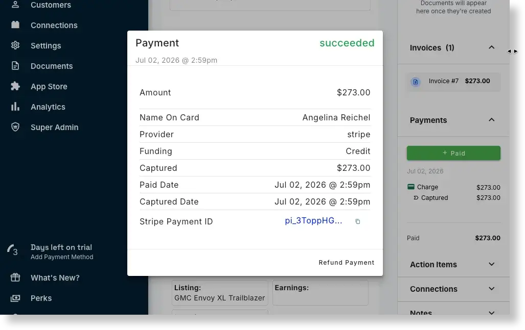 Stripe payment details on the Fleetwire booking