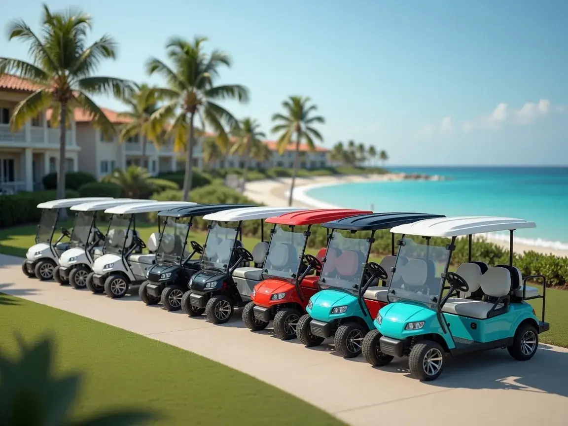 Fleet of modern golf carts lined up at sunny resort rental pickup area with ocean view