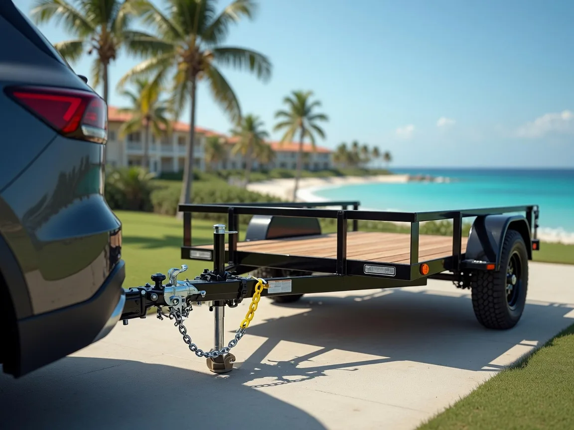 Utility trailer hitched to SUV at sunny resort rental pickup with ocean view