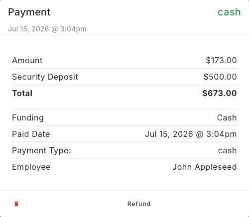 Dialog showing security deposit