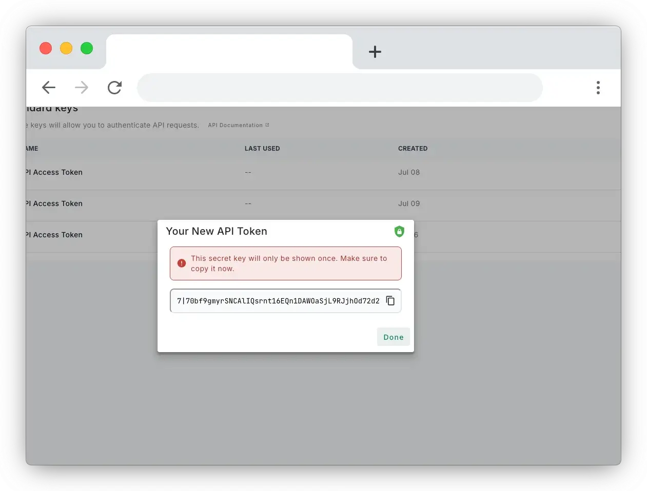 API key dialog box