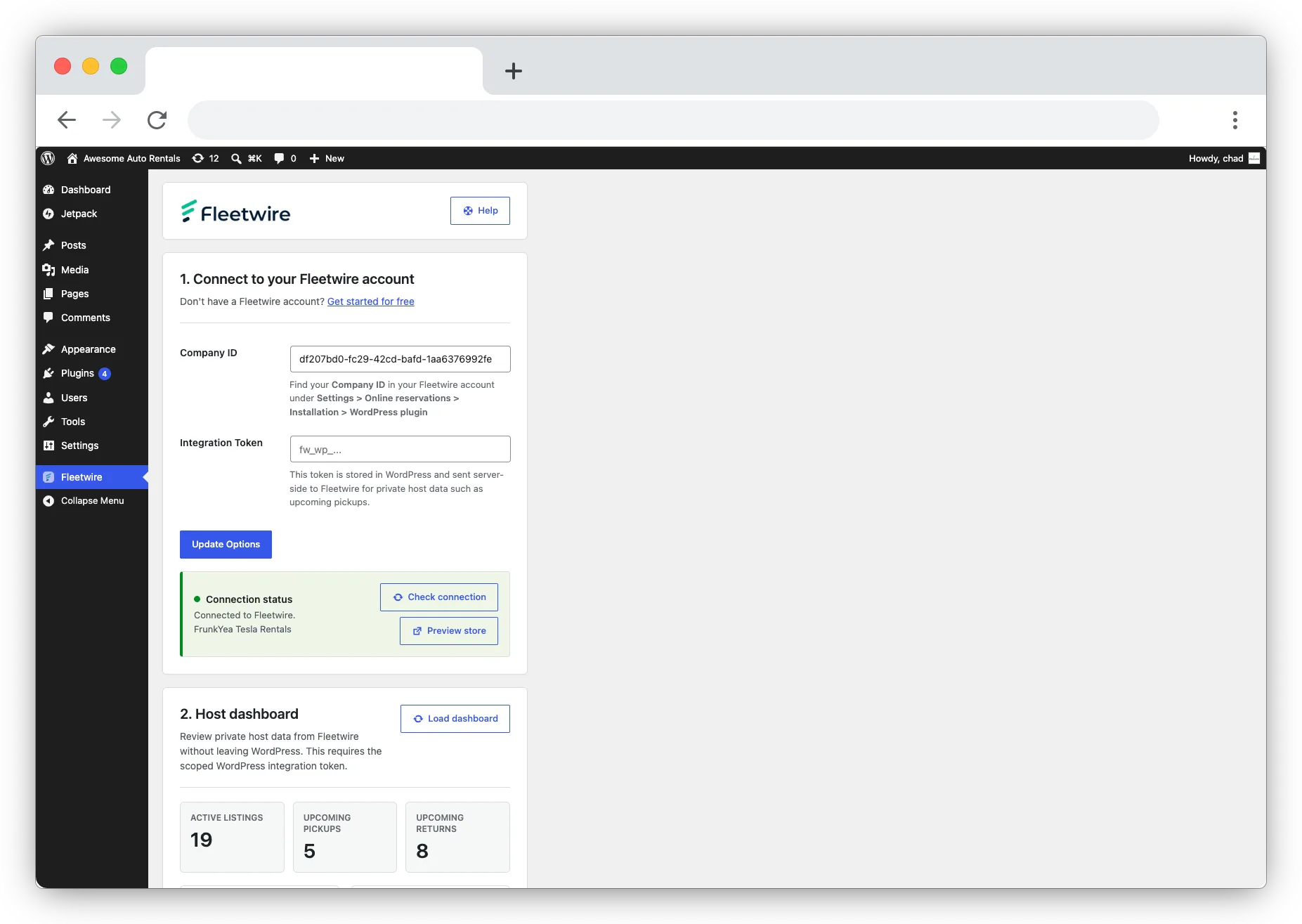 wordpress admin showing fleetwire plugin