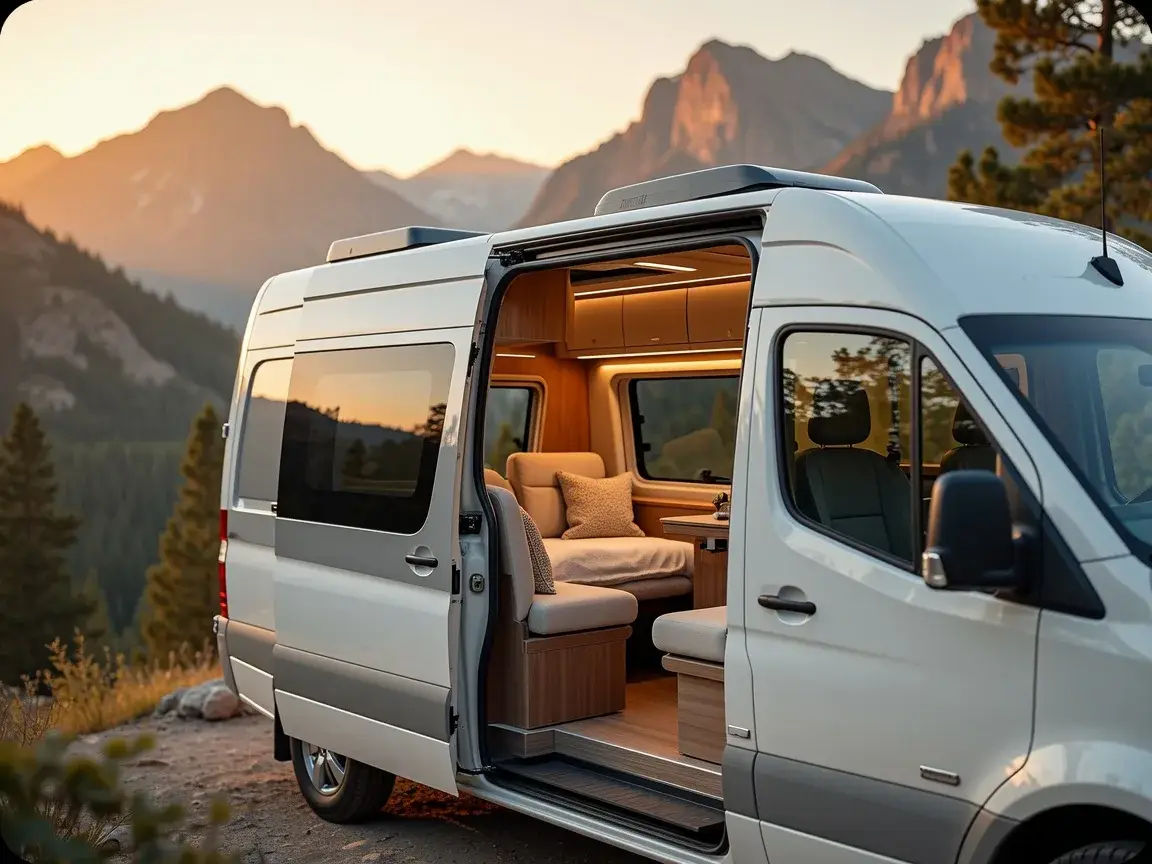 Modern camper van with open door revealing premium interior, parked at scenic golden-hour overlook