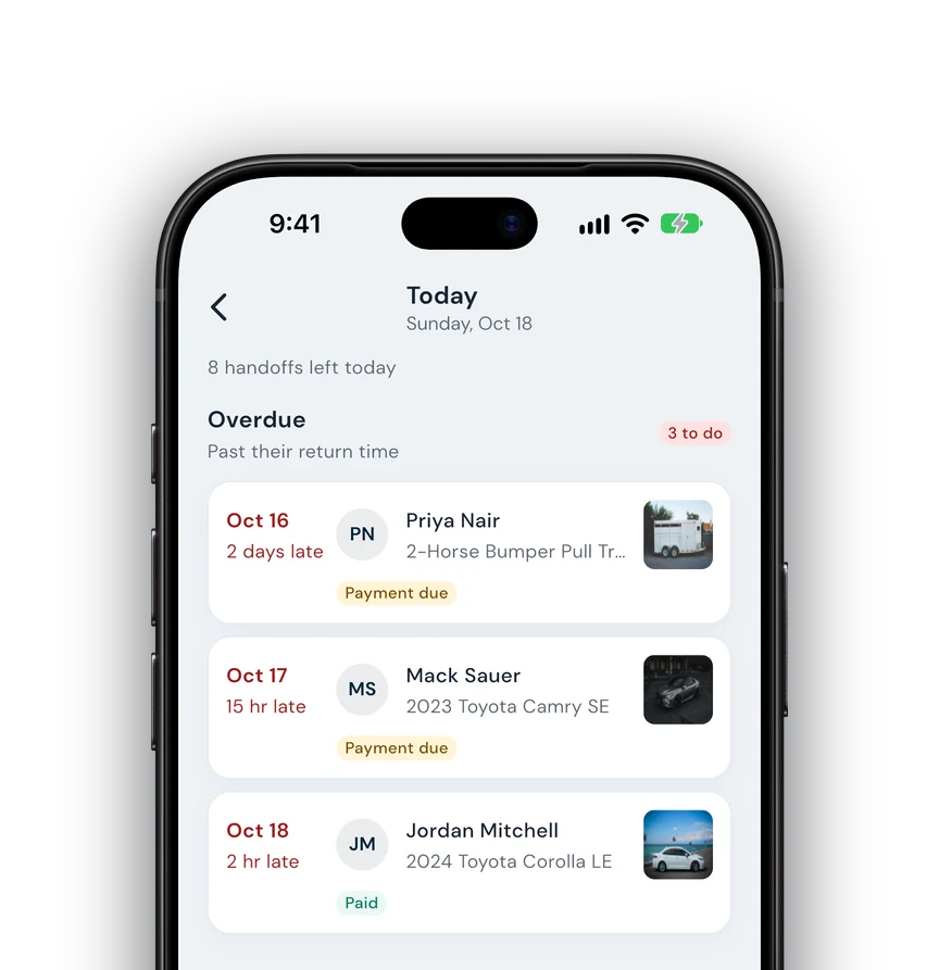 The Fleetwire app's Today screen with overdue returns and pickups