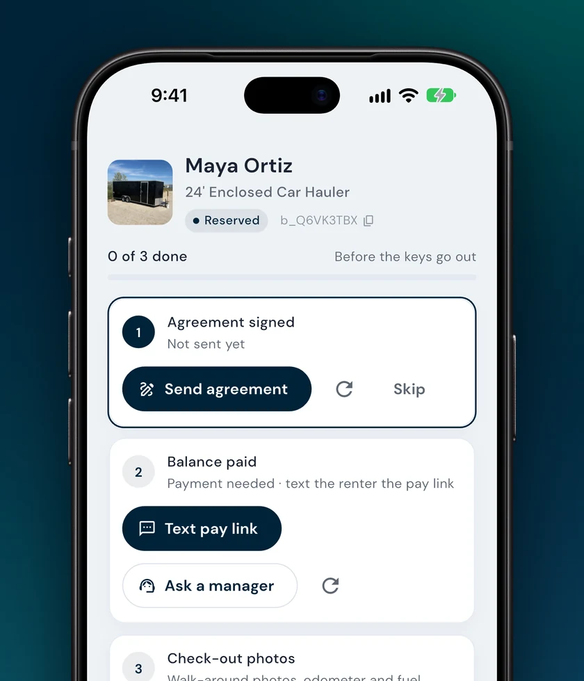 Trailer pickup with Text pay link and Ask a manager on the balance step