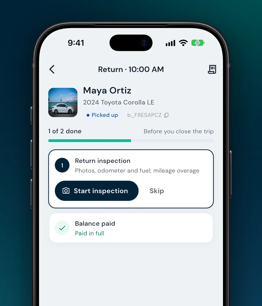Return checklist with the return inspection and mileage overage