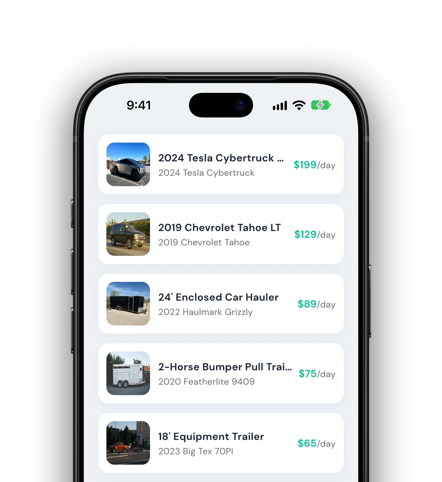 Listings with a Toyota Corolla, Tesla Cybertruck, Chevrolet Tahoe and three trailers