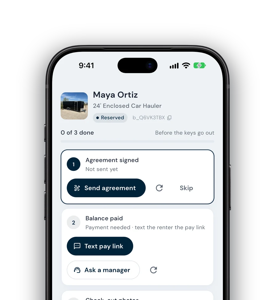 Trailer pickup where staff can text the renter a pay link or ask a manager