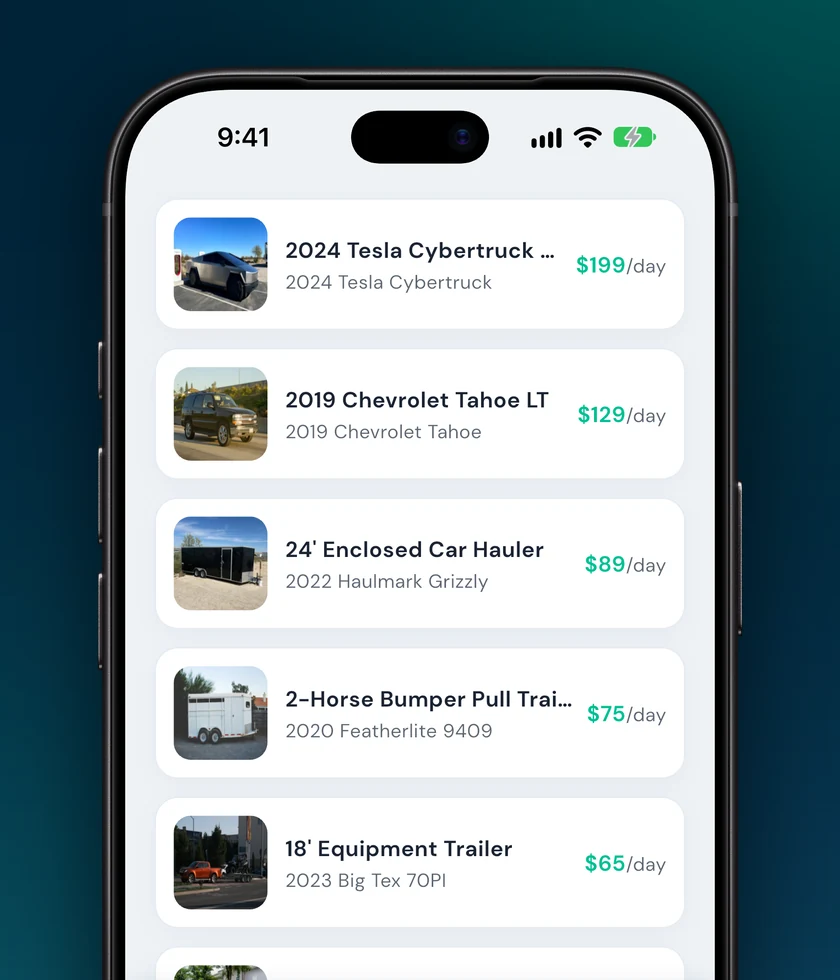 Listings with cars and trailers and their daily prices