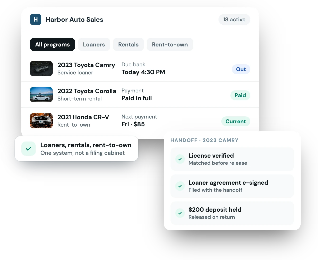A dealer's loaner, rental and rent-to-own vehicles in one list, with a verified, signed handoff for a service loaner