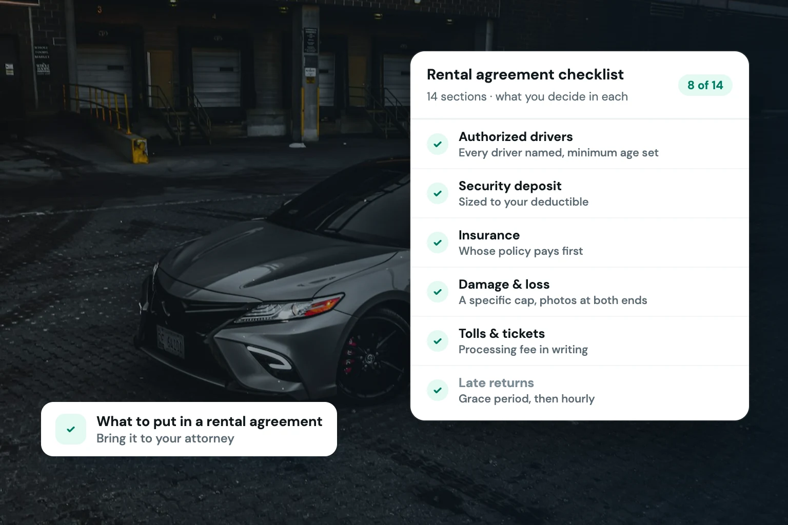 Rental agreement checklist card showing drivers, deposit, insurance, damage, tolls and late returns, over a parked Toyota Camry