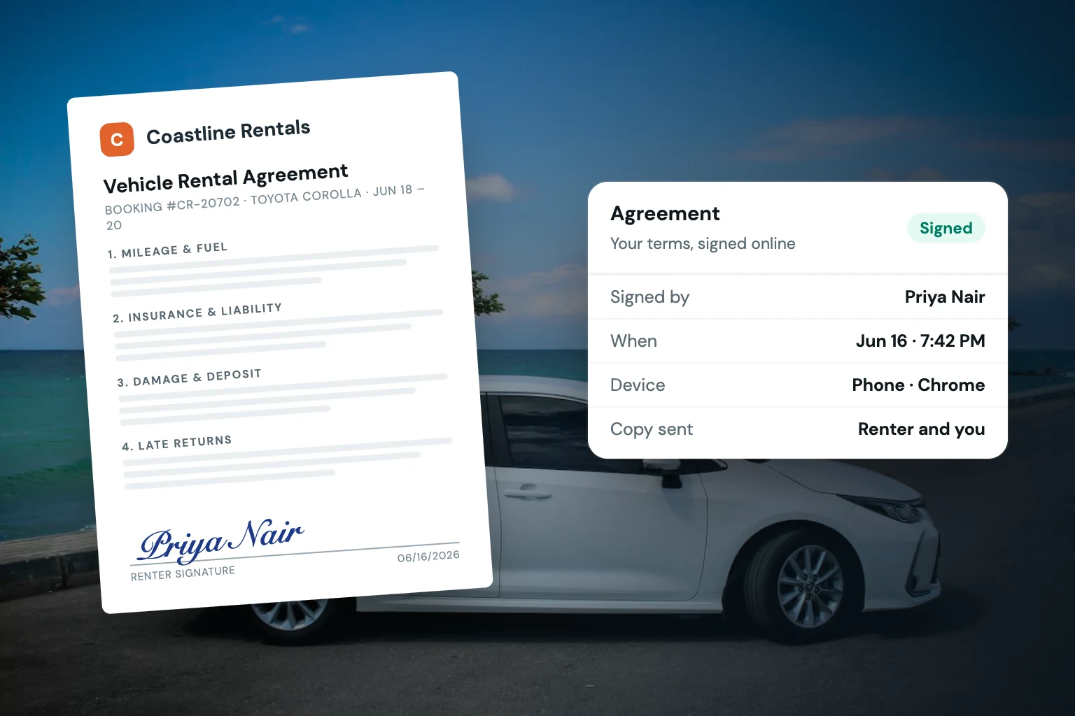 Cover for "Digital Vehicle Rental Agreements That Work": a Fleetwire screen over a rental fleet photo