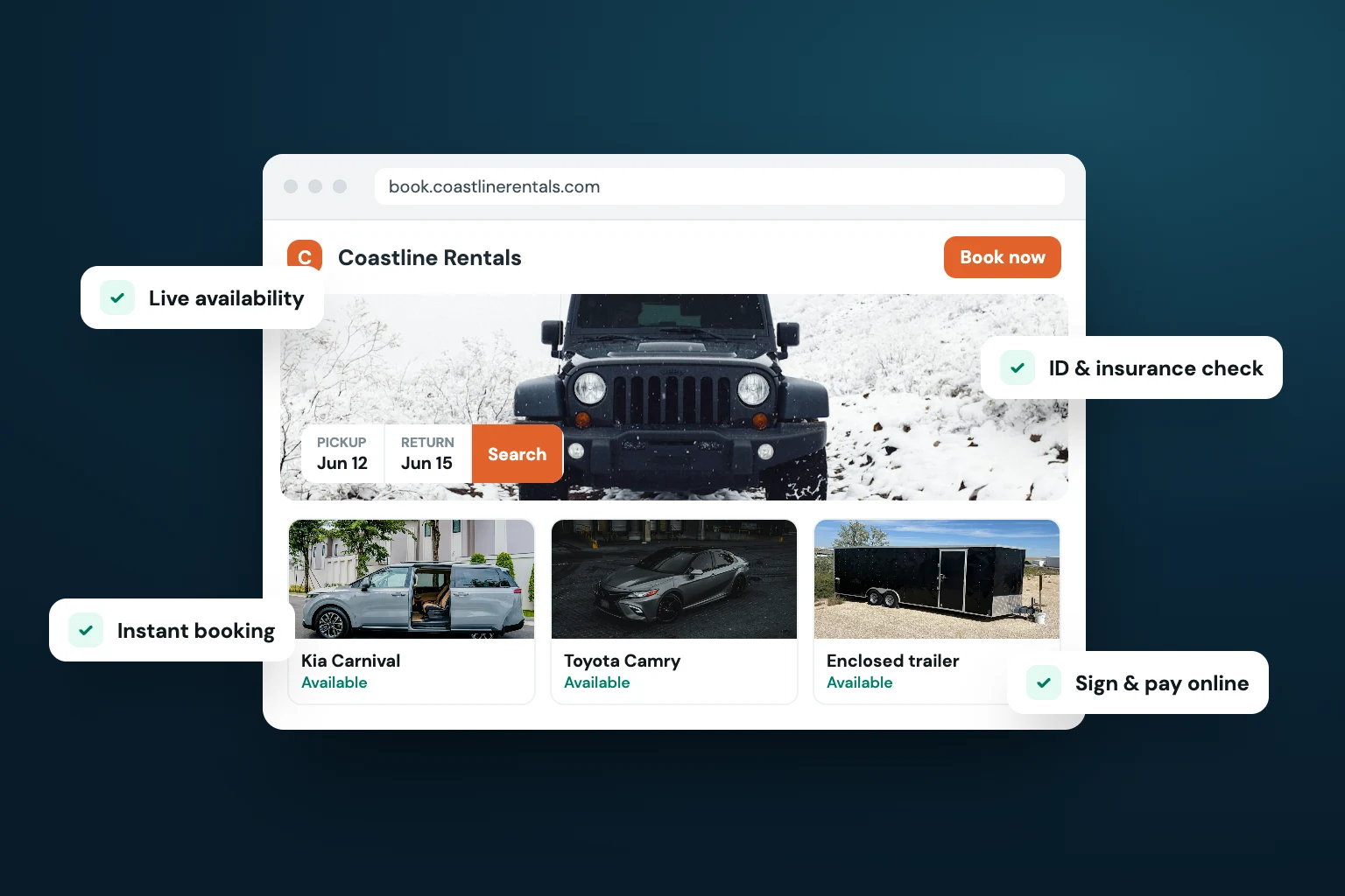 A direct-booking rental website with live availability, instant booking, ID and insurance checks, and online signing and payment