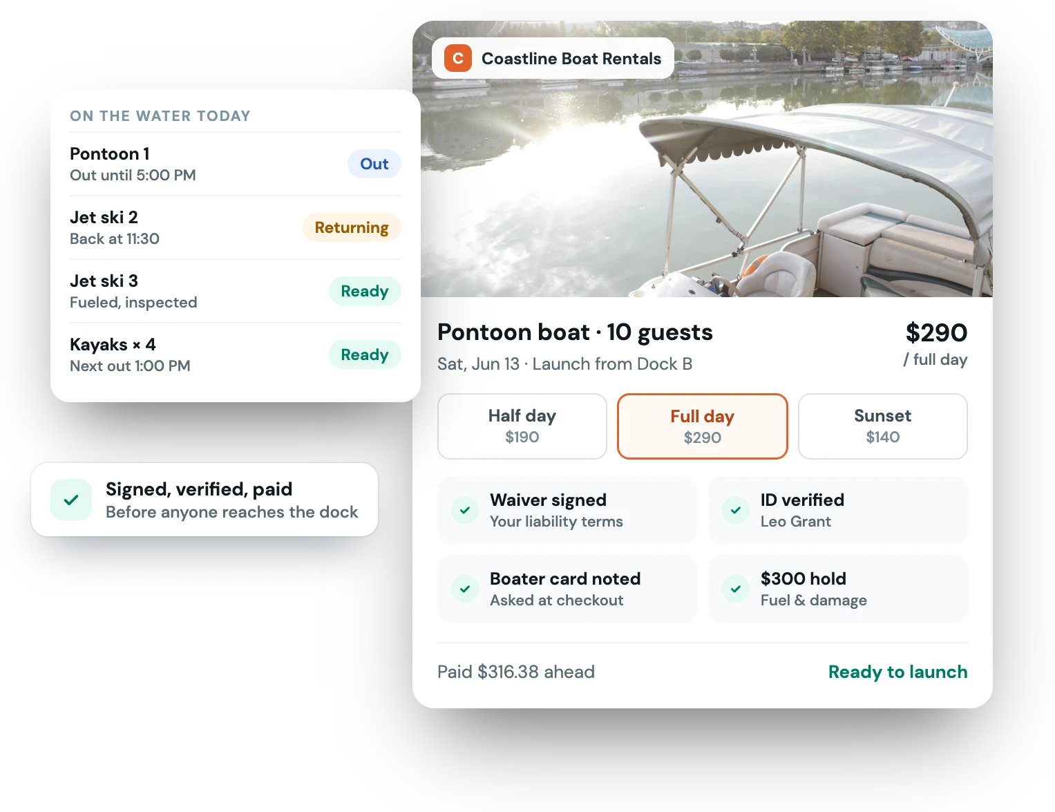 A full-day pontoon boat booking with the waiver signed, ID verified and a fuel and damage hold, next to the day's boats and jet skis