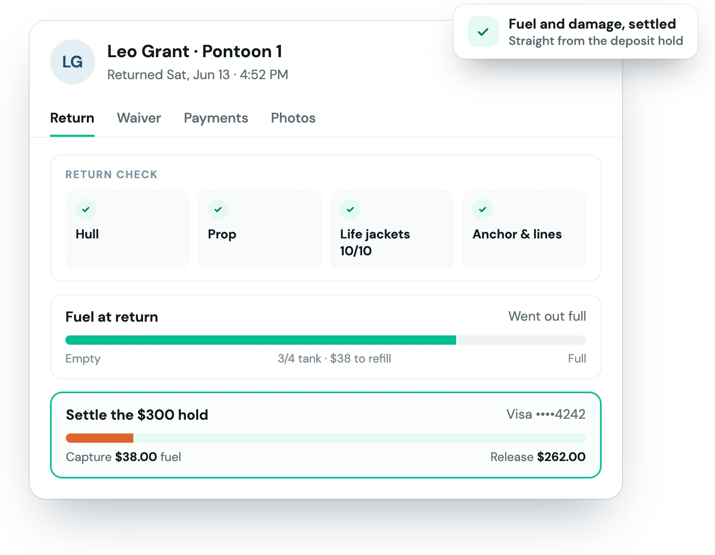 A pontoon boat return check: hull, prop and life jackets checked, and a fuel charge captured from the deposit hold with the rest released