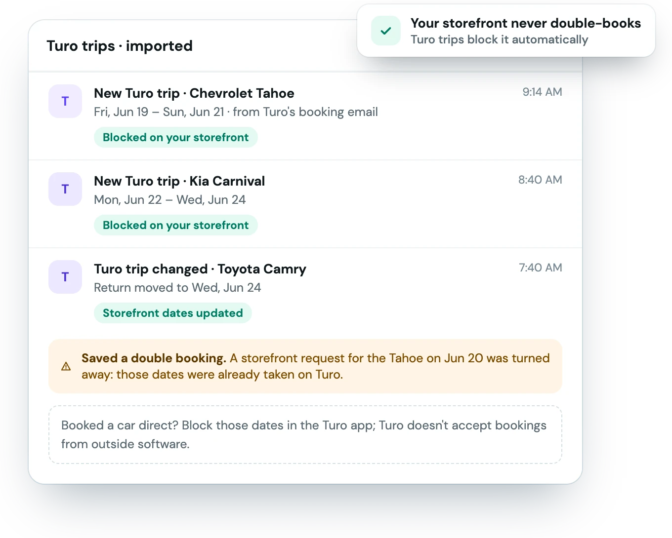 Imported Turo trips blocking the storefront, a prevented double booking, and a note to block direct trips in the Turo app