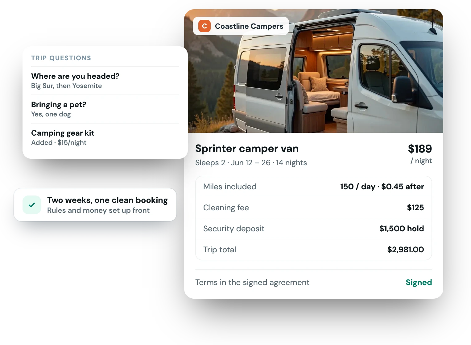 A two-week camper van booking on a Fleetwire storefront with mileage, cleaning fee, deposit hold and a signed agreement