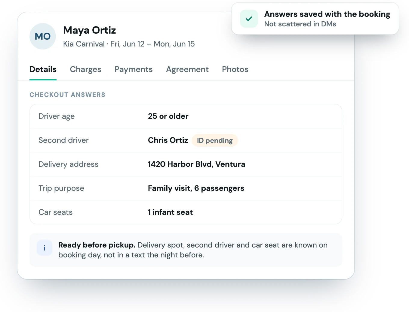 A booking showing the renter's checkout answers: driver age, second driver, delivery address, trip purpose and car seats