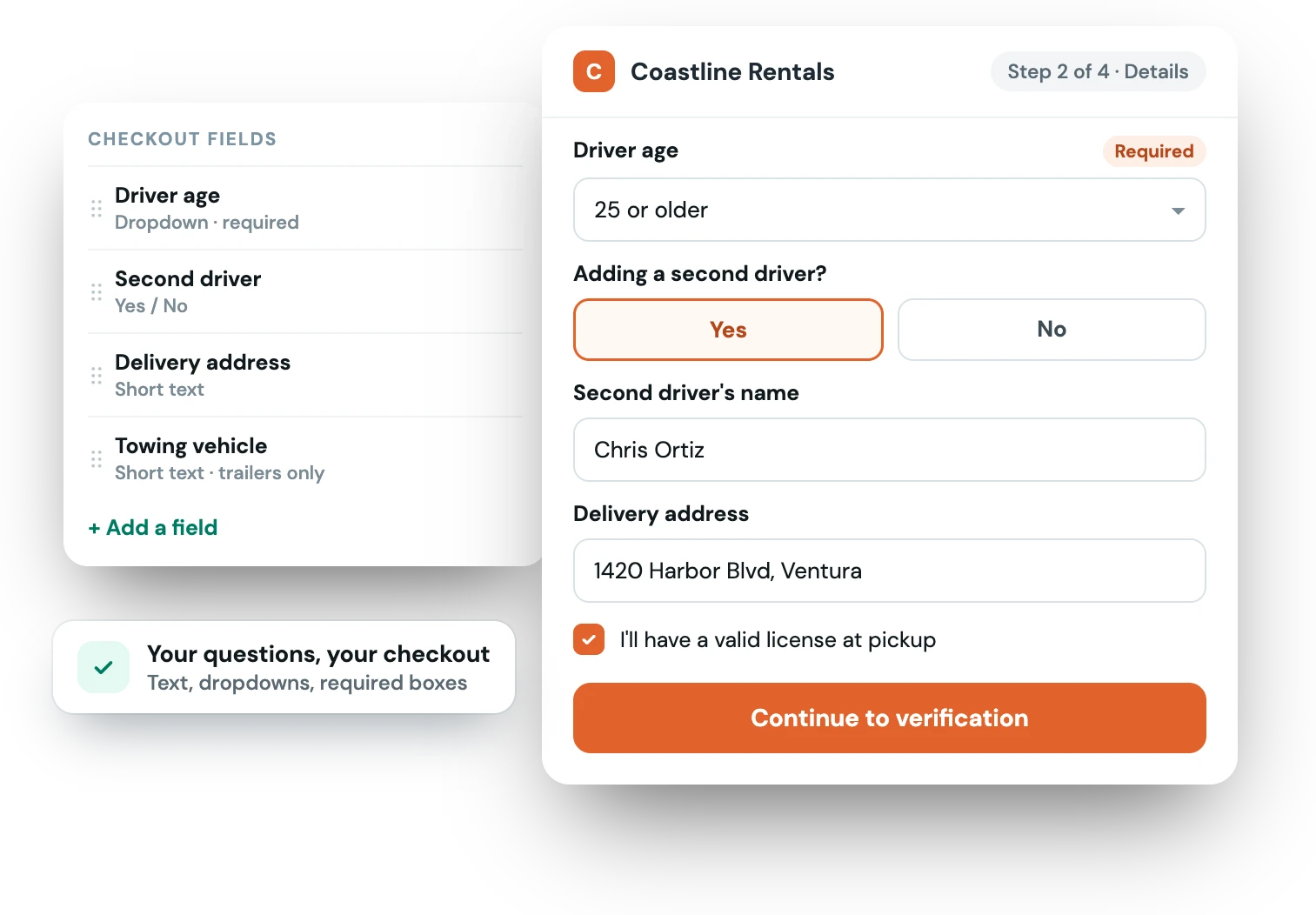 Custom checkout questions: driver age, a second driver and a delivery address, set up in a simple field builder