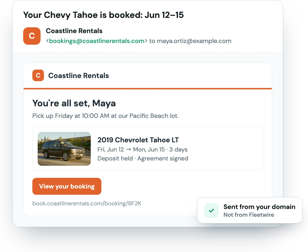 A booking confirmation email sent from the rental company's own domain