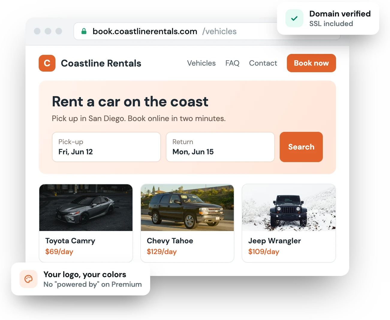 A rental storefront on its own custom domain, book.coastlinerentals.com, with the company's logo and colors