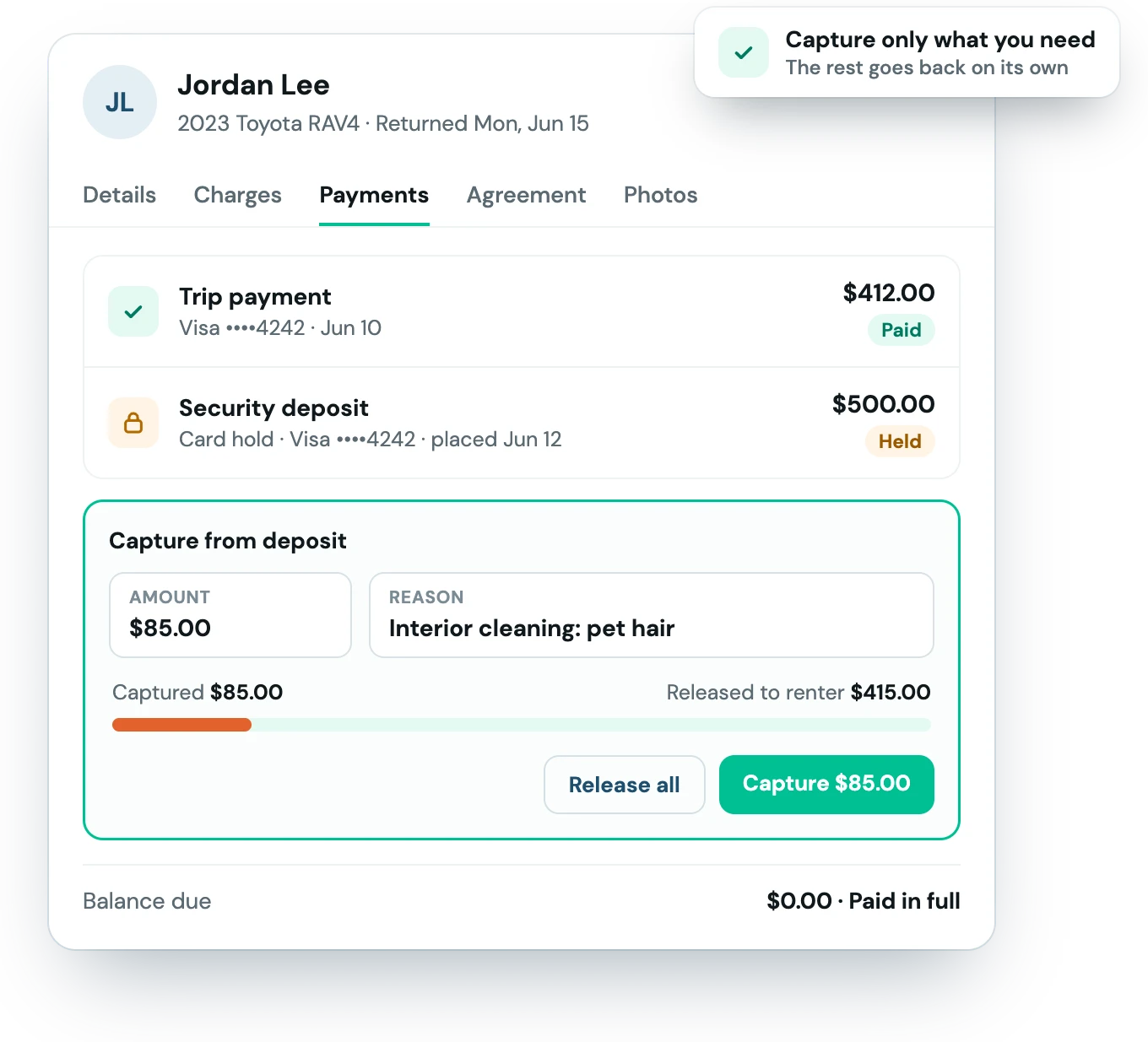 A returned booking's payments: trip paid, $500 deposit held, and $85 captured for cleaning with the remaining $415 released