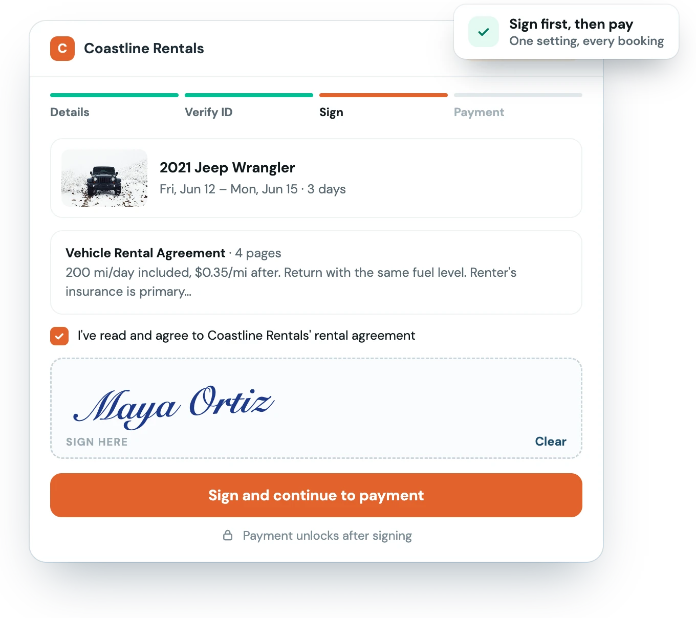 A renter signing the rental agreement during Fleetwire checkout, with payment unlocked after signing