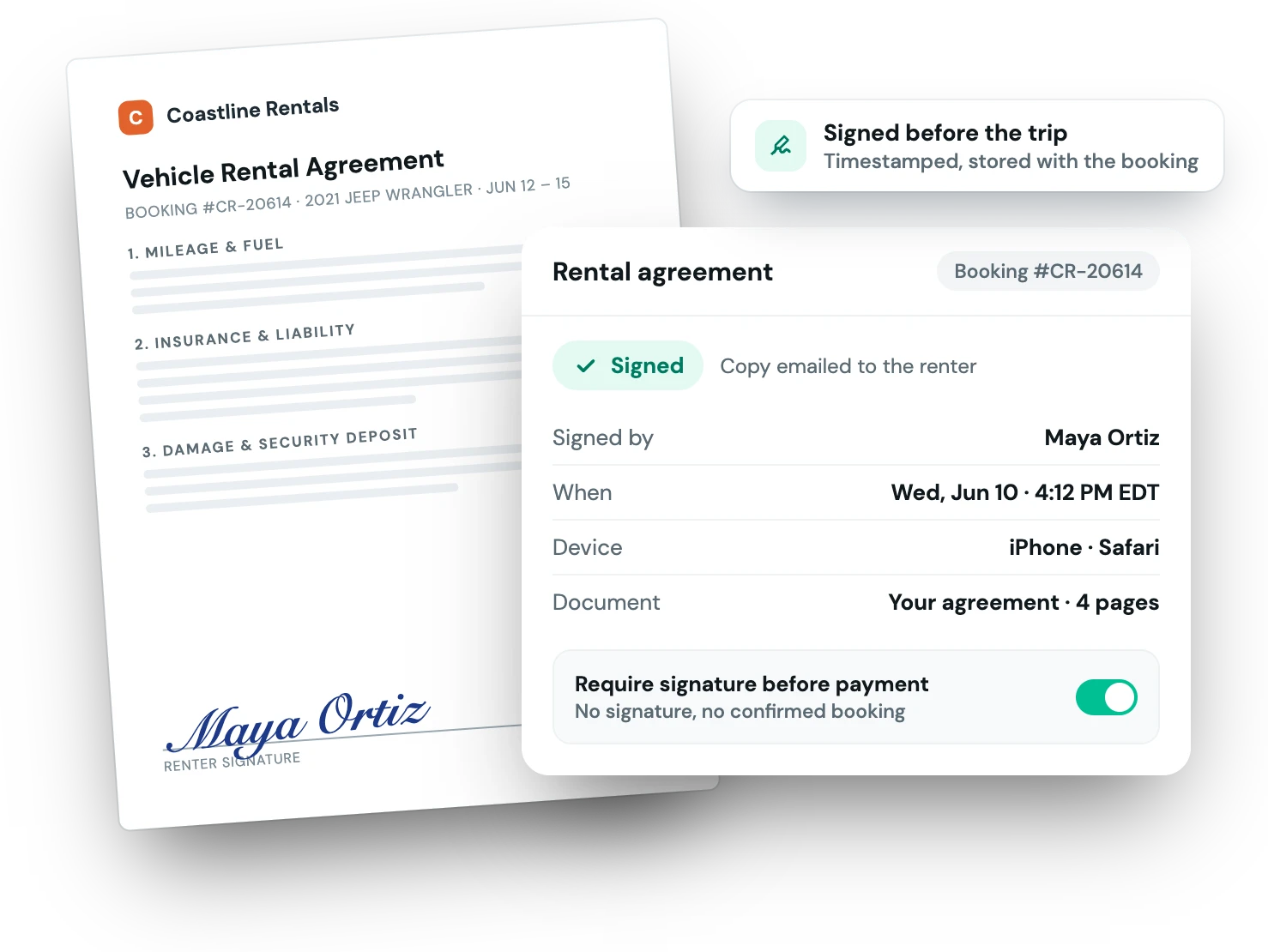 A rental agreement signed by the renter, with Fleetwire's record of who signed, when, on which device, and signature required before payment