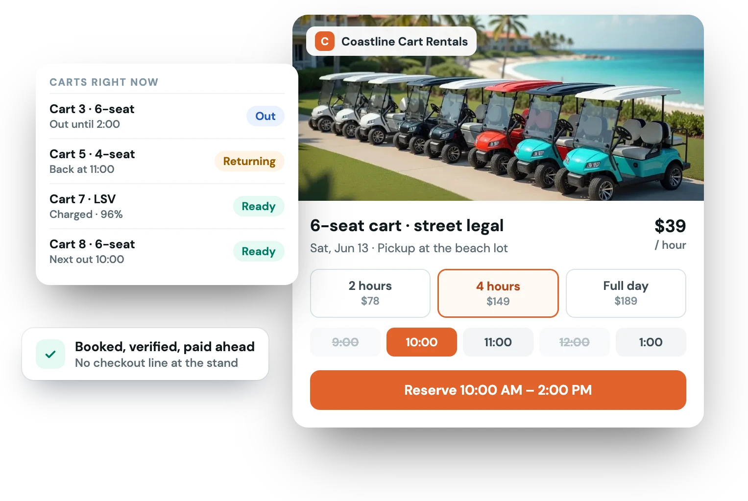 Booking a 6-seat street-legal cart by the hour, with time slots and the live status of every cart