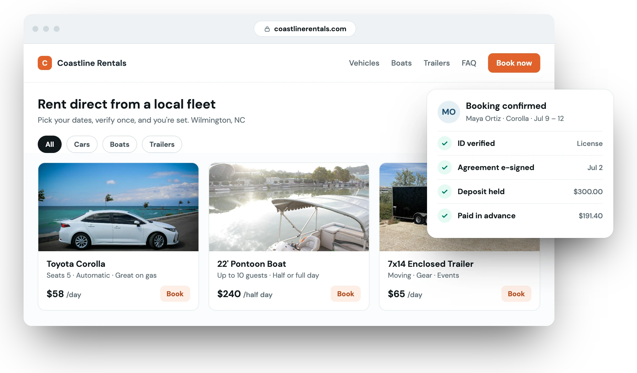 A Fleetwire rental storefront for Coastline Rentals listing a car, a pontoon boat and a trailer, with a confirmed booking showing ID verified, agreement signed, deposit held and paid in advance