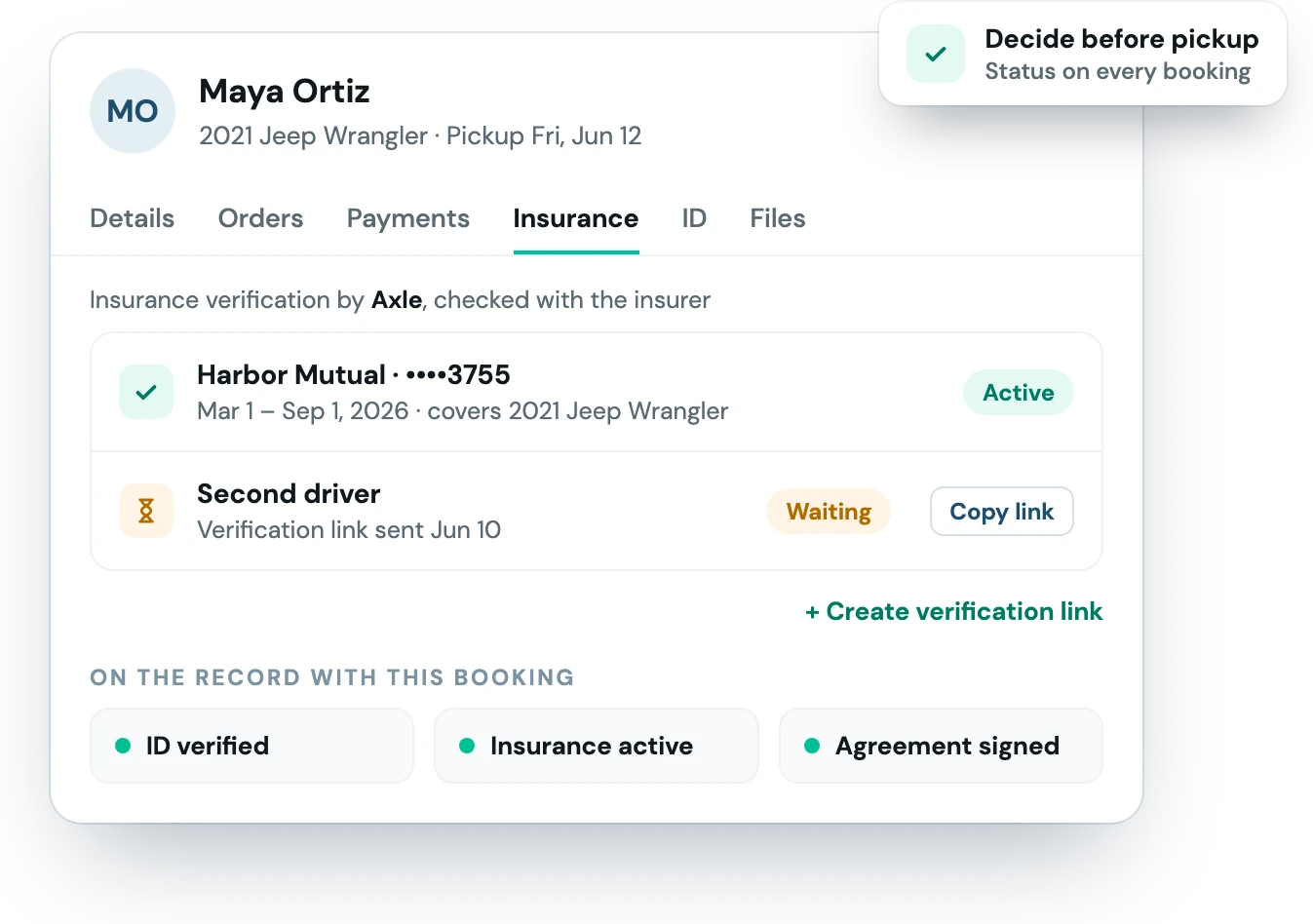A booking's Insurance tab in Fleetwire: policy active, a second driver's link pending, stored with ID and agreement