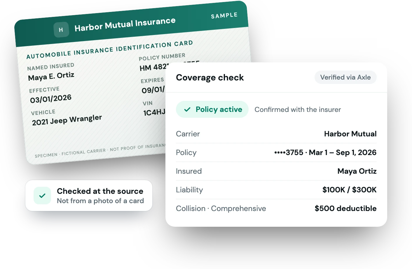 A sample auto insurance card with a coverage check confirming the policy is active via Axle
