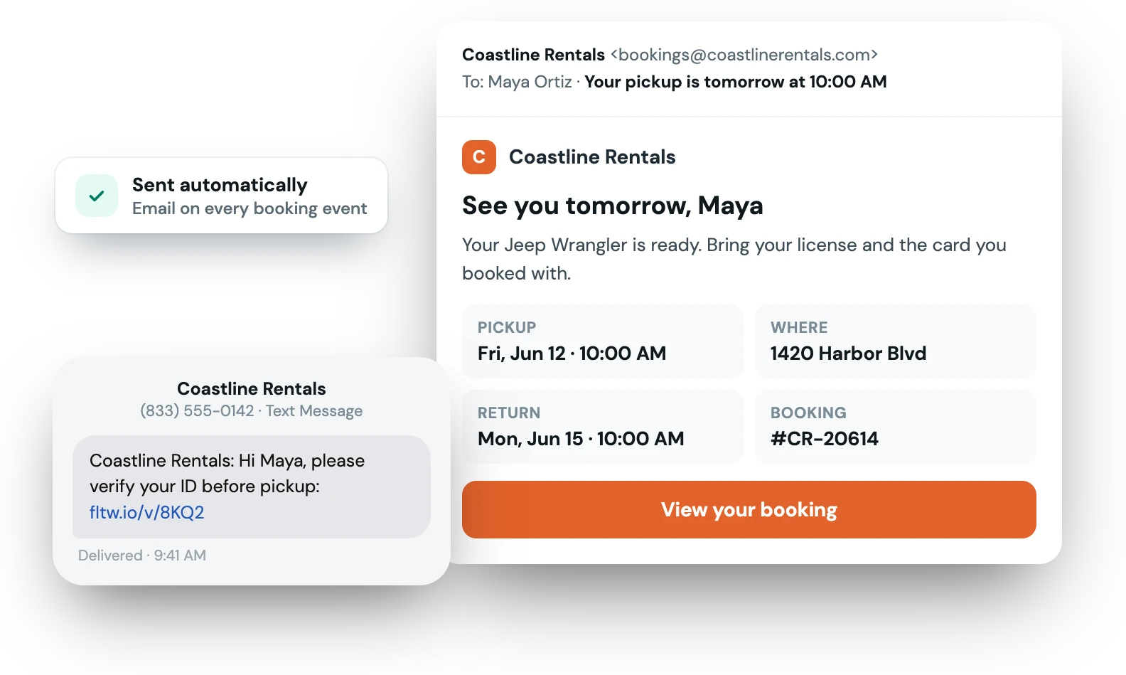 An automatic pickup reminder email and an ID verification text sent to a renter