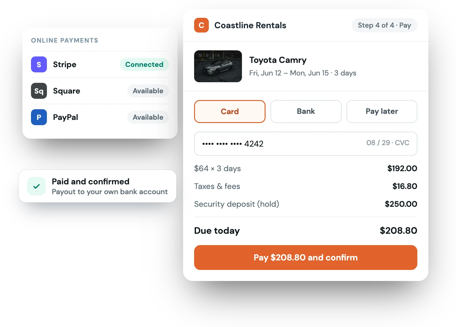 A renter paying for a Toyota Camry at checkout by card, with Stripe connected and Square and PayPal available