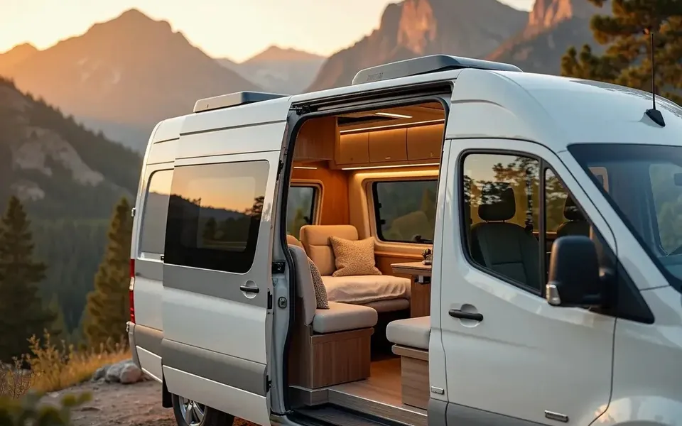 Camper van with the side door open at a mountain overlook