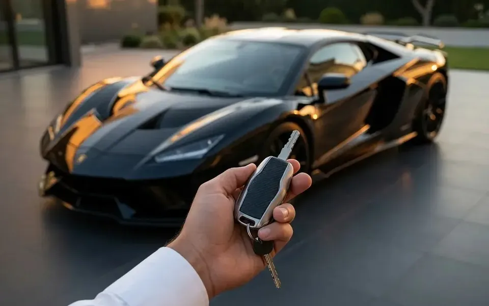 Black supercar in a driveway with the keys held out
