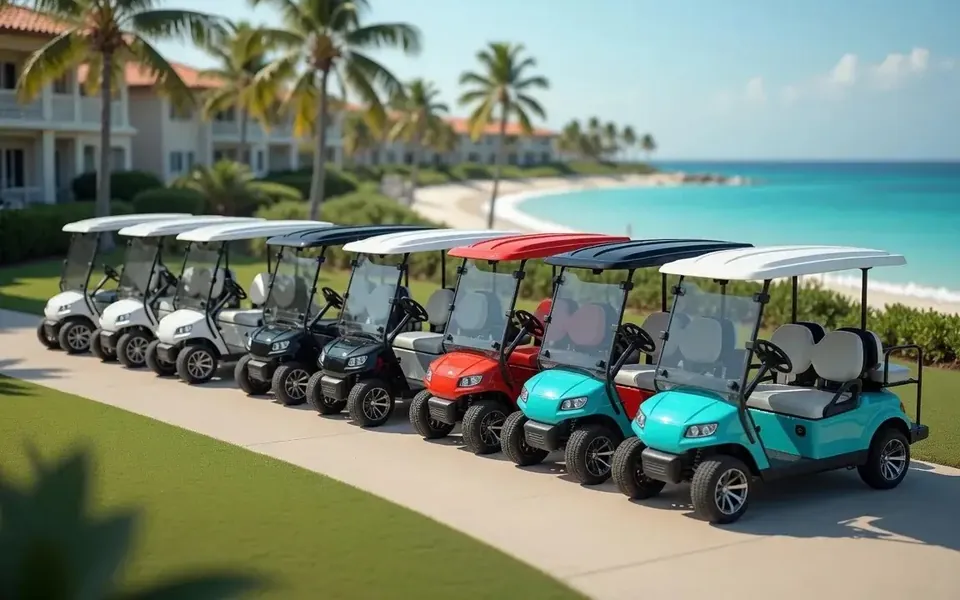 Row of golf carts at a beach resort