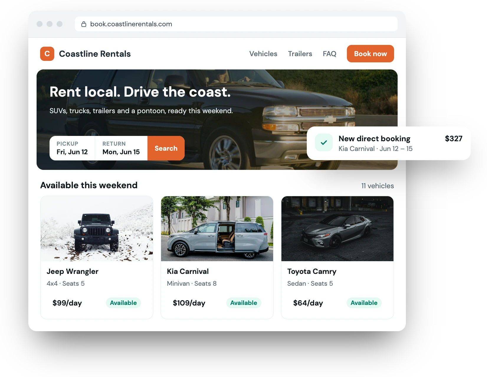 A rental company's own Fleetwire booking site with a new direct booking